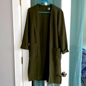 Green midi cardigan.